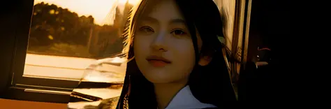 There is half body of intelligent Japan young woman illuminated by the light of the setting sun、Only half of her face is visible、Very high quality images、ayu、In the sophisticated atmosphere of Lofi、Girl like a girl、In a young Japan woman、She has a white Ap...