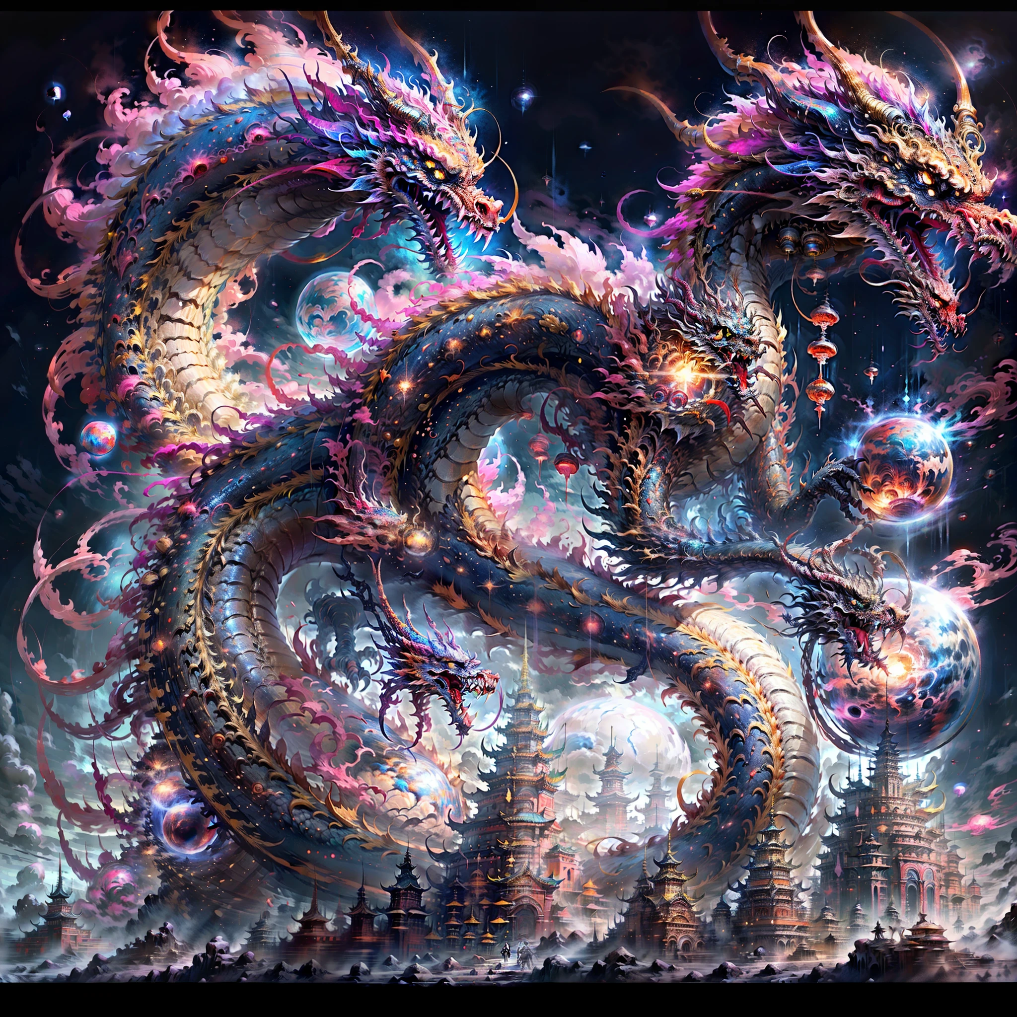 masterspiece, ultra-highres, no humans, intricate details, ff14style, painting of future cities on the moon, universes, stars, galaxies, planets, ((Chinese towns,)) bright colors, (length: 1), yellow eyes, clouds, scales, oriental dragon, opened mouth, sharp teeth, flying, horns, teeth, claws, fangs, in a fantastical otherworldly visual style,