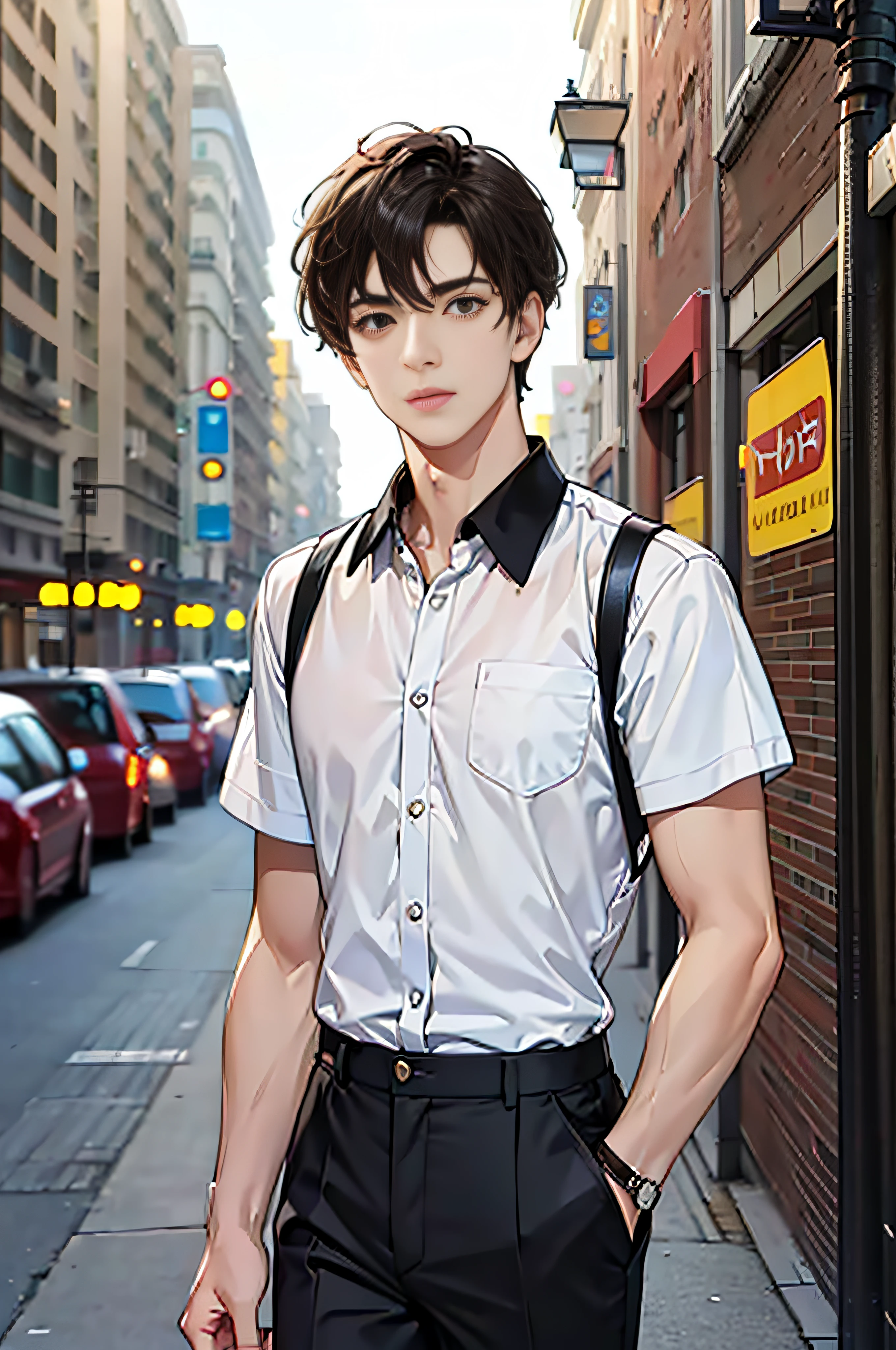 (highest resolution, distinct_image), brown pupils, brown eyes, focused eyes, affectionate, best picture quality, male god masterpiece, high detail, short black hair, black hair, bangs, 18 years old, mature, young, urban elite, tall, white shirt, black pants, city council background, cold, tall and handsome, authoritative, powerful, delicate facial features, delicate facial features, whole body