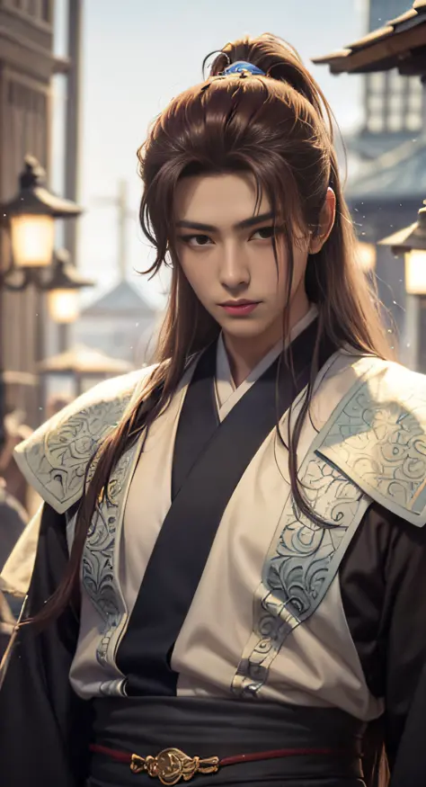 A warrior，Long black hair，Hanfu，Robe，Handsome face shape，extremely lifelike：1.2