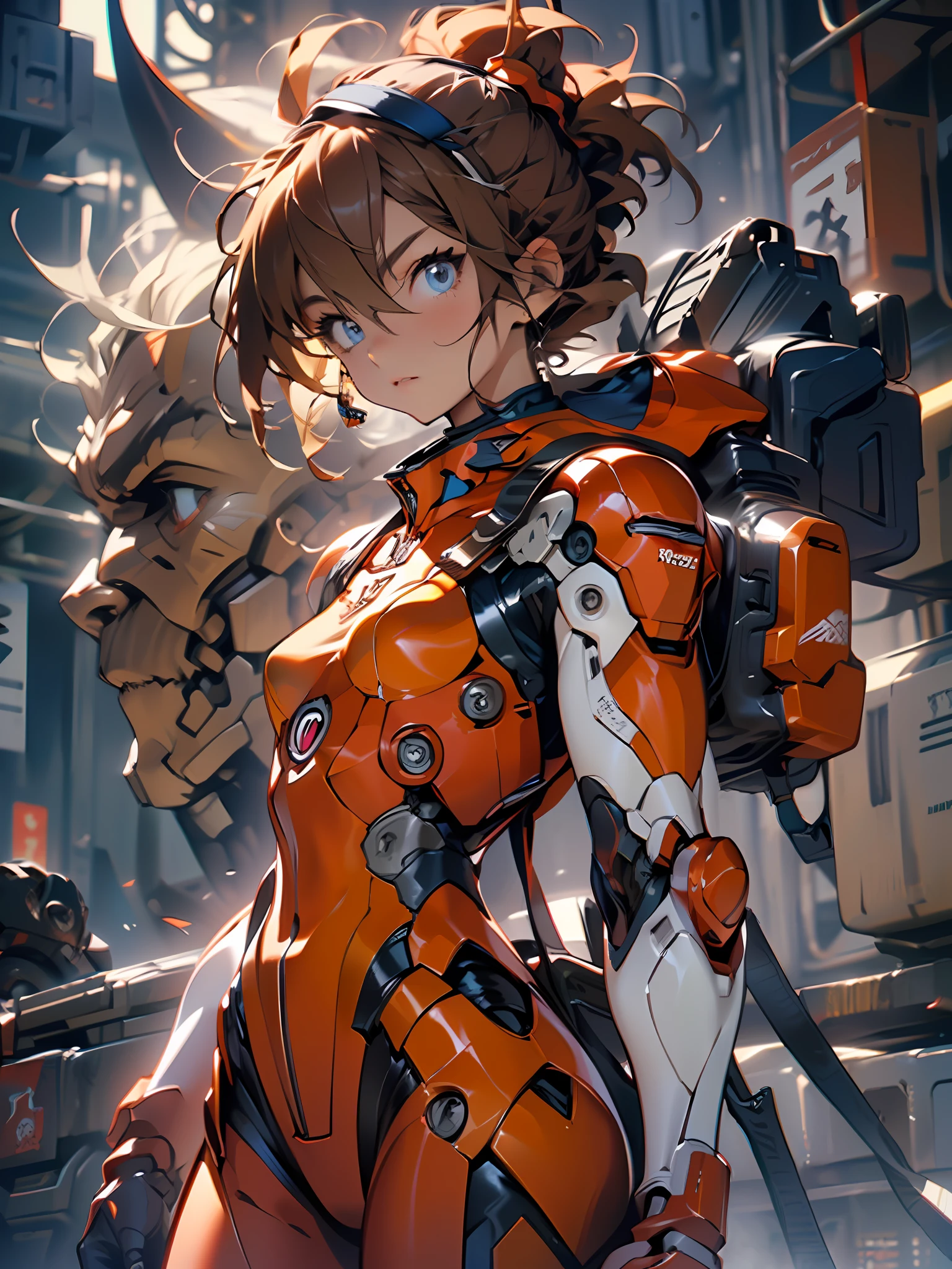 asuka langley soryu，olhos azuis，cabelo entre os olhos，chapéus，fone de ouvido de interface，cabelo laranja，traje de batalha，pose de ação，Garota Mecha，Mecanicamente， armadura de máquina，   cortes de papel， Tronco，   chapéus， formação tecnológica，arte do álbum，