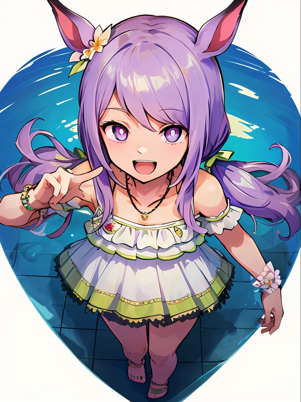 (Masterpiece, Top Quality, Top Quality, Official Art, Aesthetics: 1.2), 1 Girl, Mejiro McQueen, Mejiro McQueen (Swimsuit), mejiro_mcqueen_ (umamusume\), Horse Ears, Horse Girl, Long Hair, Purple Hair, Purple Eyes, Bright Pupils, low_twintails, Swimsuit, Dress, Jewelry, Hair Ornament, Hair Flower, Bow, Bracelet, Necklace, Bare Shoulders, ((Masterpiece, highest quality, Masterpiece)), ((Ultra detailed)), ((High Resolution Illustration)), (Very delicate and beautiful)) ((1 girl)), (Masterpiece)),(Best Quality), 1 Girl,Solo, Very Detailed, Detailed Face,Detailed Eyes,Illustration,2k,(Full Body: 1.2), , Standing, (Ominous Laughter), (Hallway)), Looking at the viewer, the portrait is centered and ( Close-up: 1.4), upper body, (from top: 1.4), (wide-angle lens: 1.2), (fisheye effect: 1.1), head sideways, evil, When looking at the viewer, (head down), (night), scary, scary, scary, (constricted pupil: 1.5), (crazy smile: 1.2), glass eye, glass pupil, heart-shaped pupil: 1.4, magazine cover: 1.4, from above, looking upward, slouching