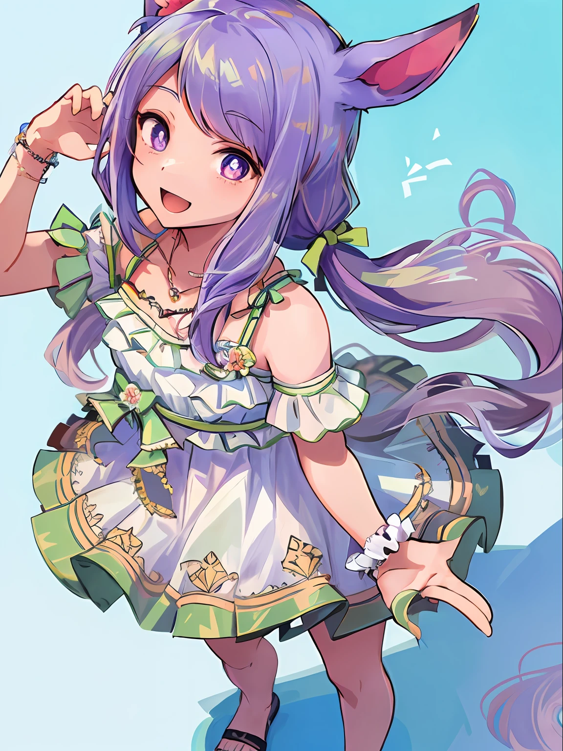 (Masterpiece, Top Quality, Top Quality, Official Art, Aesthetics: 1.2), 1 Girl, Mejiro McQueen, Mejiro McQueen (Swimsuit), mejiro_mcqueen_ (umamusume\), Horse Ears, Horse Girl, Long Hair, Purple Hair, Purple Eyes, Bright Pupils, low_twintails, Swimsuit, Dress, Jewelry, Hair Ornament, Hair Flower, Bow, Bracelet, Necklace, Bare Shoulders, ((Masterpiece, highest quality, Masterpiece)), ((Ultra detailed)), ((High Resolution Illustration)), (Very delicate and beautiful)) ((1 girl)), (Masterpiece)),(Best Quality), 1 Girl,Solo, Very Detailed, Detailed Face,Detailed Eyes,Illustration,2k,(Full Body: 1.2), , Standing, (Ominous Laughter), (Hallway)), Looking at the viewer, the portrait is centered and ( Close-up: 1.4), upper body, (from top: 1.4), (wide-angle lens: 1.2), (fisheye effect: 1.1), head sideways, evil, When looking at the viewer, (head down), (night), scary, scary, scary, (constricted pupil: 1.5), (crazy smile: 1.2), glass eye, glass pupil, heart-shaped pupil: 1.4, magazine cover: 1.4, from above, looking upward, slouching