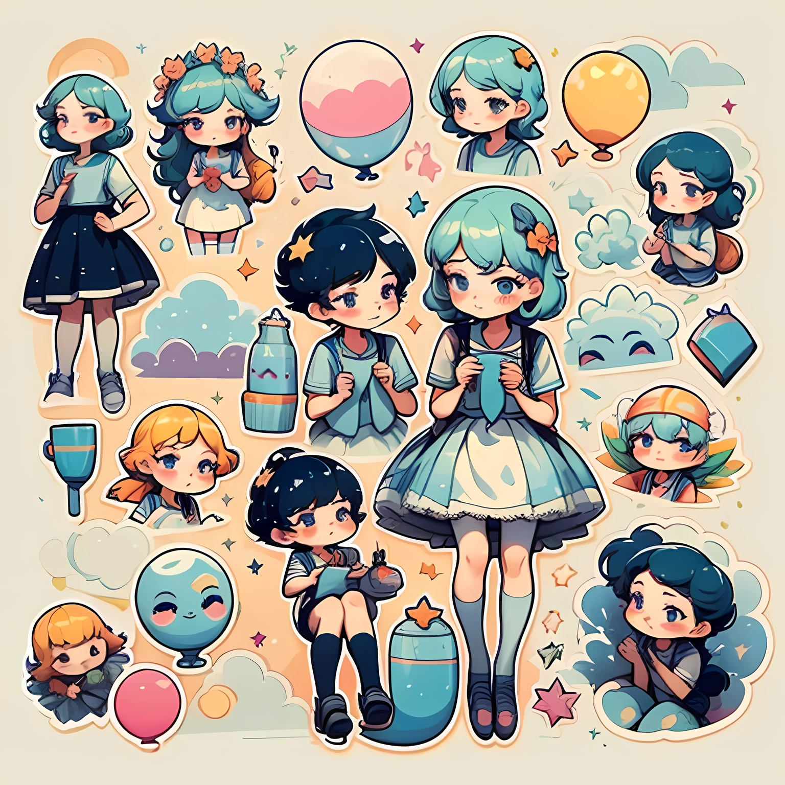 1 sticker，Handbook，（sticker sheet，1boy and 1girl，weddingdress，vests，See-through installation，Maid outfit，JK school uniform，sailor suits，Lolita style，A barefoot，roller skates，Ruffled socks，Wet pantyhose，Lace wreath on the legs，garter belts，Cross legs，Stand，[Boo gesture]，Put your hand to your mouth，dynamic angle，Facing the viewer，Lifting skirt，Adjust over-the-knee socks，stooping，Holding a mug，Hold the cheeks，Pinch your hair，autumnal，skies，As estrelas，meteor shower，rainbowing，falls，rice paddies，cliffs，flowerfield，playground，water fountain，Temple，exploding，Magic ring，colored glass，steamy，Star Angel，Starry Sky Law，masterece-piece，high detailes，Medium shot，exquisite facial features，Perfect face，Glowing skin
Wait to start Bouquet in hand，Salute，sparklers，balloons，Champagne）， water colour，white backdrop， simple background， smallest， Cutes， Small， color pastel， Vector styles， no gradient