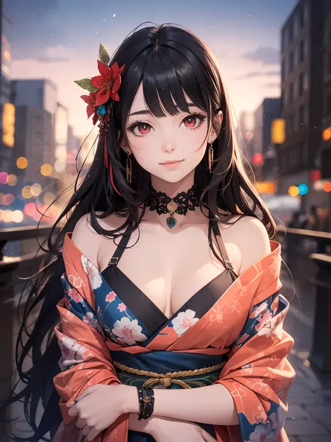 extremely detailed body,girl,woman,female,mature,30 years old,long hair,bangs,streaked hair,black hair,shiny hair,beautiful detailed cold face,cold smile,bright pupils,bare_shoulders,medium_breasts,(red eyes),hair_flower, kimono,Lots of piercings, night, b...