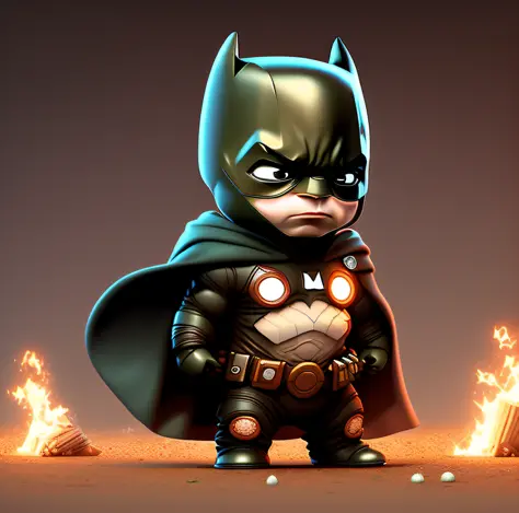 digital art of a cute batman , haunting atmosphere, fire,