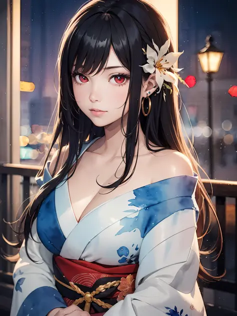 extremely detailed body,girl,woman,female,mature,30 years old,long hair,bangs,streaked hair,black hair,shiny hair,beautiful detailed cold face,cold smile,bright pupils,bare_shoulders,medium_breasts,(red eyes),hair_flower, kimono,Lots of piercings, night, b...