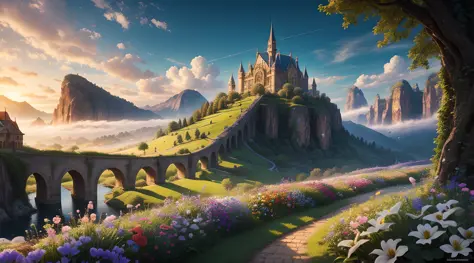 masterpiece, best quality, intricate details, 32k resolution, there is a world with breathtaking architectures and flowers, the land itself is magical its beauty unparalleled