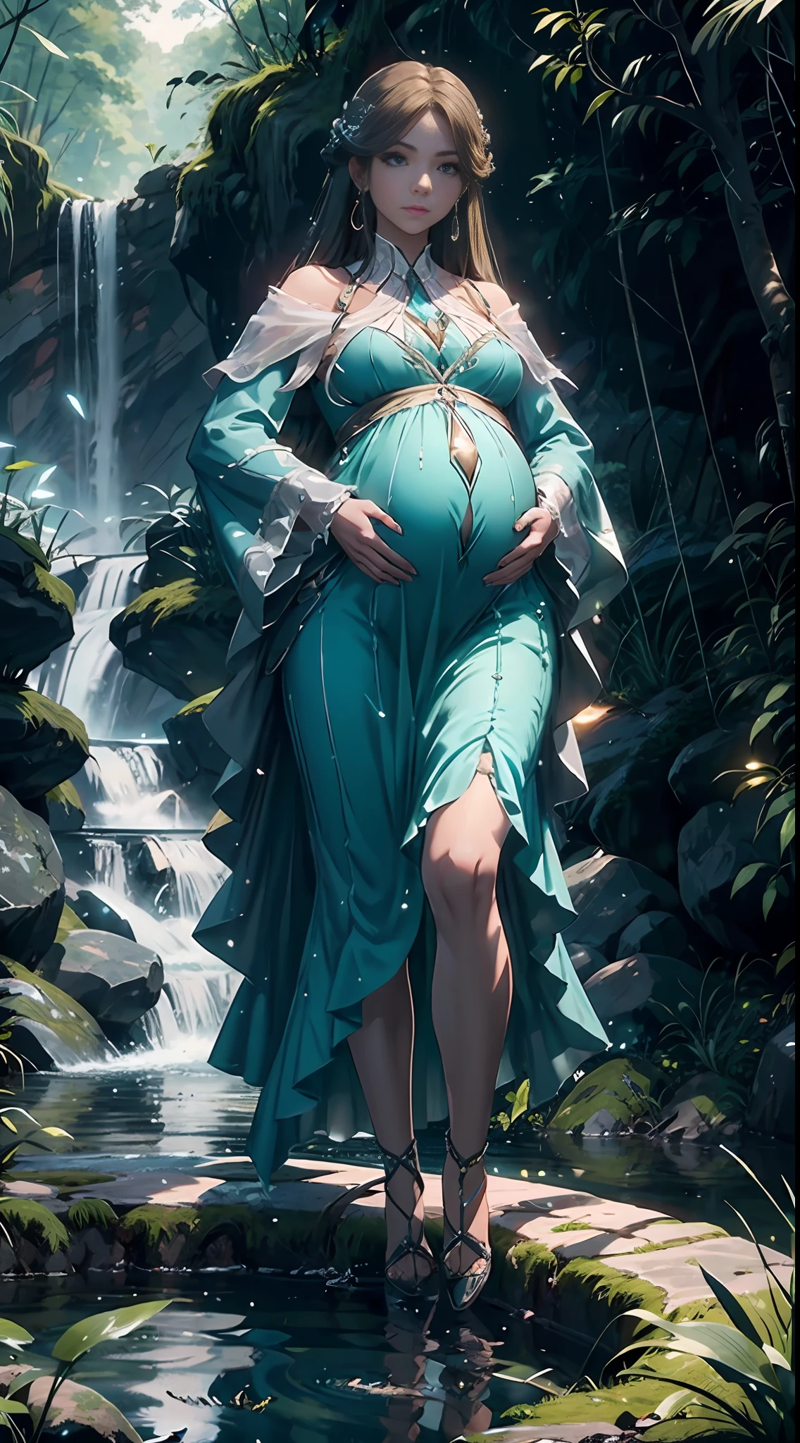 A pregnant woman in a blue dress standing in a stream SeaArt AI