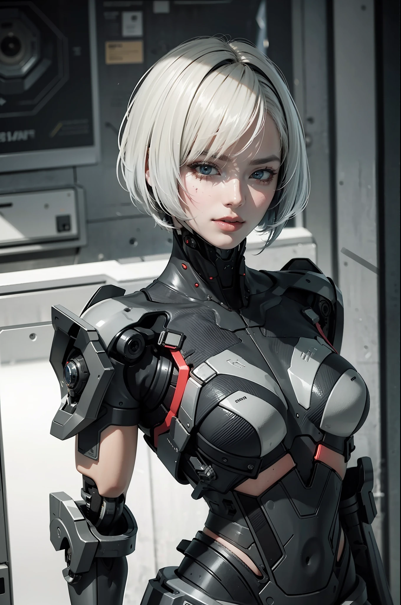 (Best Quality), (Masterpiece), (Details: 1.4), 3D, Beautiful Cyberpunk Woman, HDR (High Dynamic Range), Ray Tracing, NVIDIA RTX, Super Resolution, Unreal 5, Subsurface Scattering, PBR Textures, Post-Processing, Anisotropic Filtering, Depth of Field, Maximum Sharpness and Clarity, Multi-Layer Textures, Albedo and highlight maps, Surface shading, Accurate simulation of light material interaction, Perfect proportions, Octane Render, Bicolor light, Large aperture, Low ISO, White balance, Rule of thirds, 8K RAW, White hair, Glossy hair, Short hair, Bob hair, Side lock, Asymmetrical bangs, beautiful detailed glass hair, perfect anime robot woman, organic mix anime robot, best anime 4K konachan wallpaper, detailed digital anime art, bishōjo cyborg, cyborg queen portrait, cyborg-silver girl, biomechanical, digital cyberpunk anime art, (skin gloss)), (clothing gloss)), mechanical cybersuit, ( action scenes), sexy poses, tattoos on bare skin