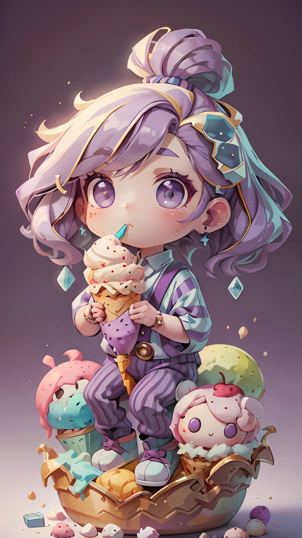 plastican00d， 1boys， Chibi T-Shi，Purple hair， Luxury fabrics，Republican style， dither， Ice cream texture，Profound， looking at the spectator， Striped background