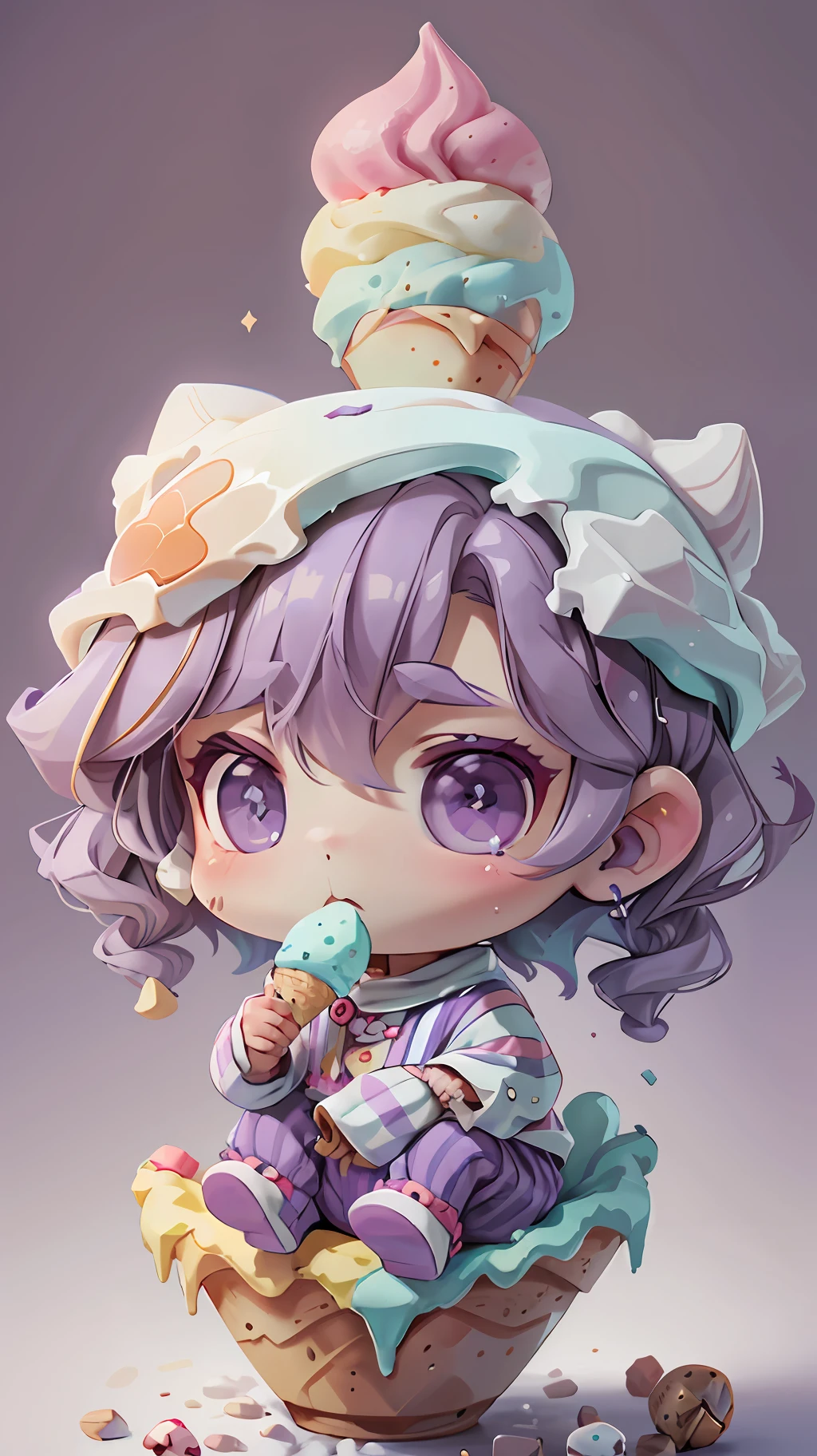 plastican00d， 1boys， Chibi T-Shi，Purple hair， Luxury fabrics，Republican style， dither， Ice cream texture，Profound， looking at the spectator， Striped background