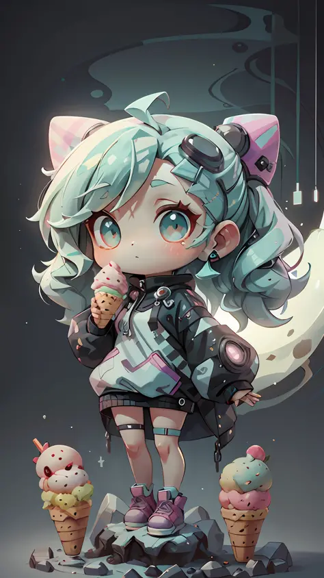 plastican00d， 1girls， Chibi T-Shi， The cyberpunk， Luxury fabrics， dither， Ice cream texture，Profound，  Striped background