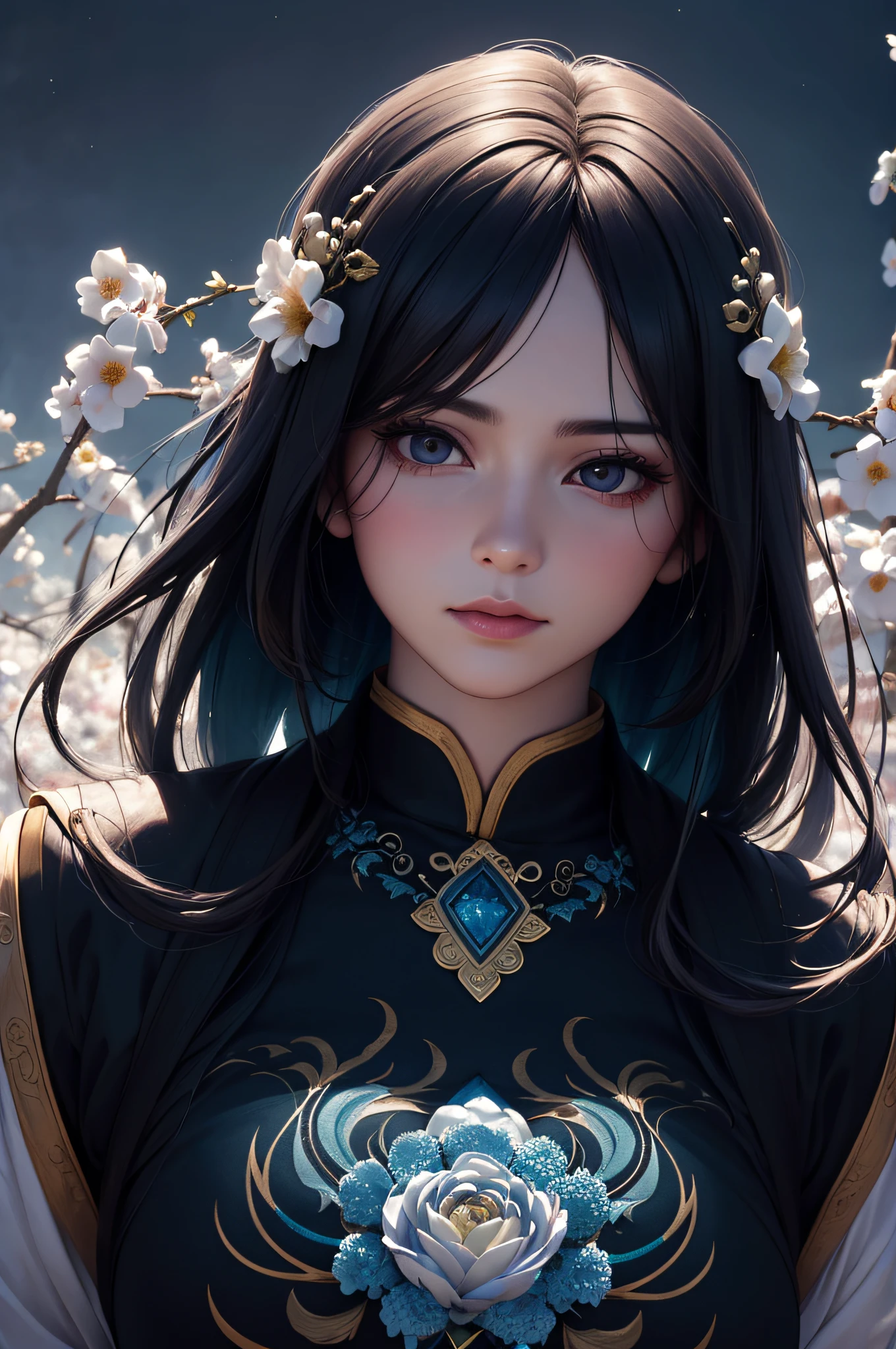 zhongfenghua, 1 chica, (cuerpo completo) solo, hanfu, campo de flores, florecer, (humo blanco:1.3) (Fotorrealista:1.4), zenredar, mandala, enredar, Arte oficial, fondo de pantalla de unidad 8k, Ultra detallado, hermoso y estetico, Obra maestra,mejor calidad, (ángulo dinámico:1.4), piel brillante, (destellos de colores flotantes:1) la forma más bella de caos, elegant, un brutalista diseñado, colores vivos, romanticismo profundidad de campo,