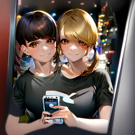 2heads,brown hair, blonde hair, breasts, shirt, selfie, phone, twintails, long hair, short hair,holding, holding phone, cellphon...