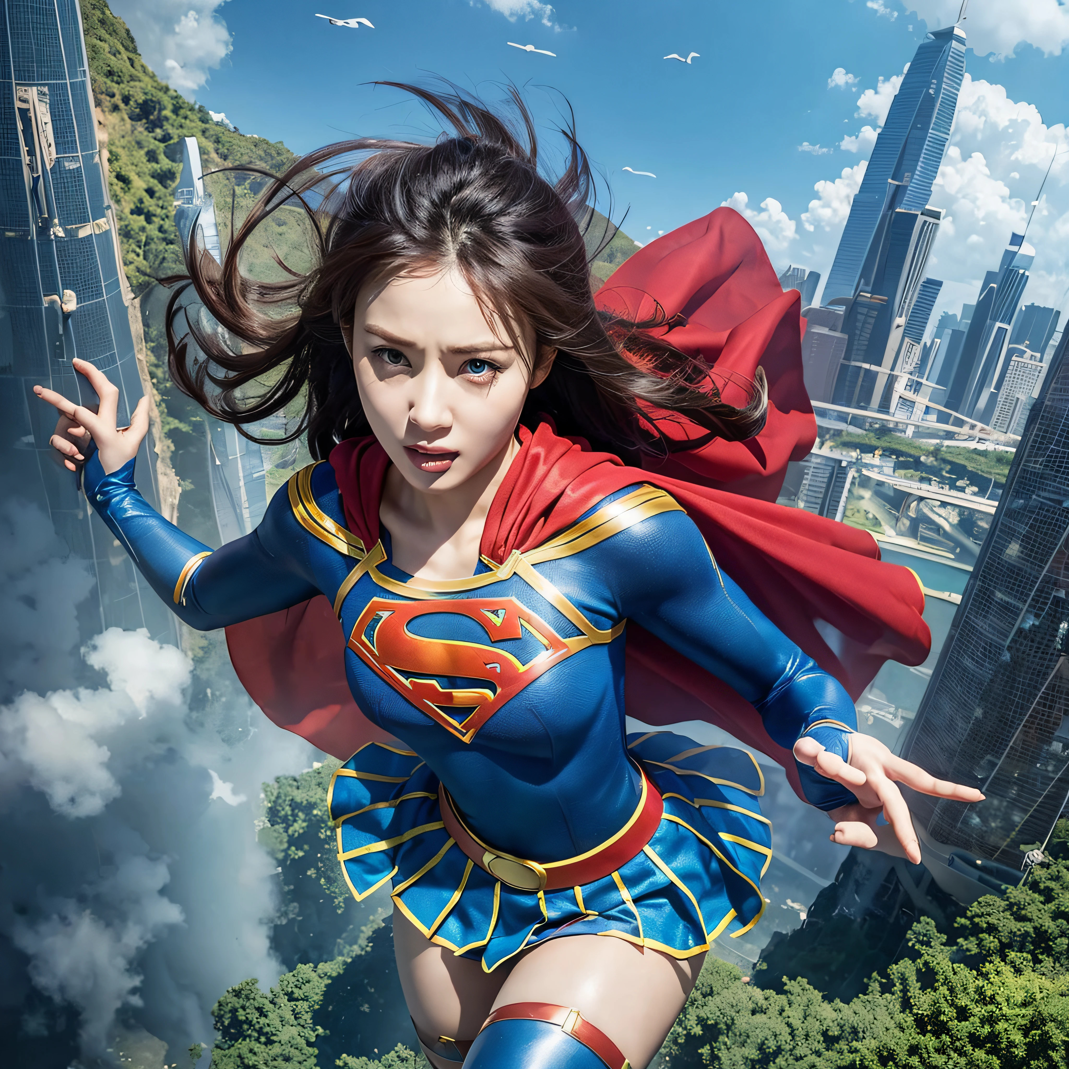 Superwoman, (female version of Superman), 8k, melhor qualidade, imagem real, detalhes intrincados, ultra-detalhado, campo de profundidade, (fotorrealista, realista: 1.2), obra-prima, foto de uma mulher heroica, superheroin, voando, paira no ar, imponente, poderosa, forte, classic Superman uniform, Uniforme justo, botas vermelhas, colante azul, (calcinha vermelha por cima do colante), Fluttering red cape, olhos azuis, mulher bonita, mulher caucasiana, mulher ocidental, mulher americana, Cabelos Longos, cabelos pretos, melhor qualidade de imagem, realista, fotorrealista, (detalhes intrincados: 1.2), (detalhes intrincados: 1.2), (detalhado delicado), (cinematic lightin), Linha clara, sharp-focus, Rosto realista, rosto detalhado e lindo, Blue sky background and top of buildings (city of Metropolis in the background, Daily Planet in the background), Superwoman flutuando no ar