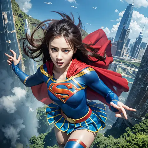 Superwoman, (female version of Superman), 8k, melhor qualidade, imagem real, detalhes intrincados, ultra-detalhado, campo de pro...
