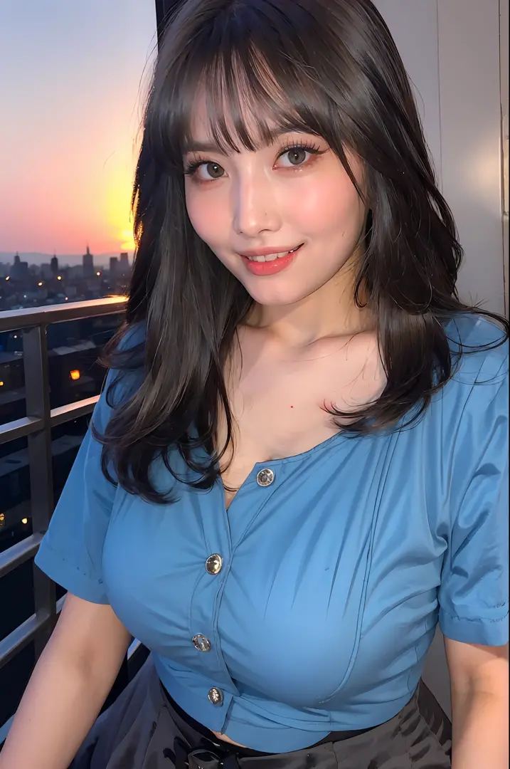 "1girl,photo of momo, brown hair,best quality,(detailed face:1.4), (looking at viewer:1.4), shiny skin, smile, city at night bac...