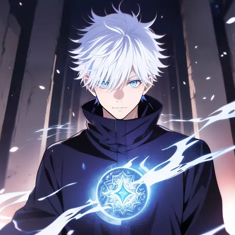 Prompt: (masterpiece, illustration, anime:1.3), Satoru Gojo from Jujutsu Kaisen, (classic black attire:1.2), standing inside a temple at night, (messy white hair:1.1), (blue eyes emitting blue light:1.2), (calm expression:1.1), (uncovered eyes:1.1), (power...
