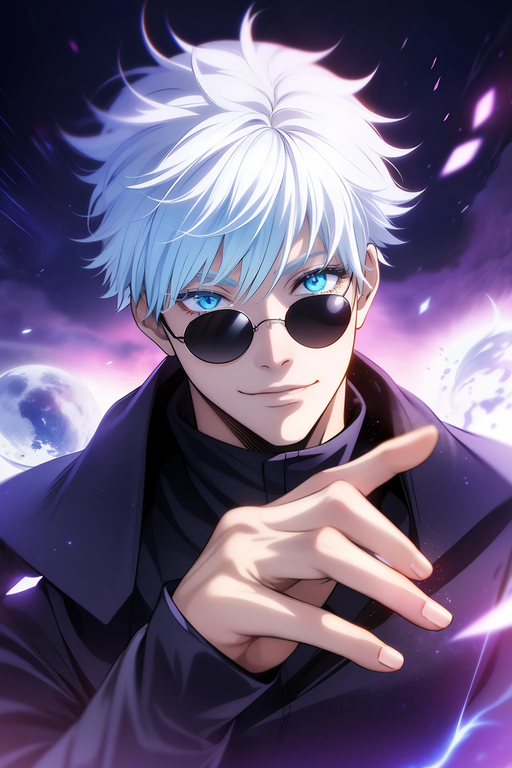 A man with white hair and sunglasses is pointing at something - SeaArt AI