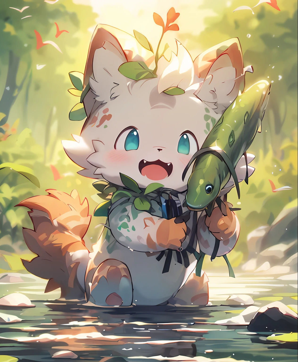 Gato de anime com um peixe na boca，Um peixe verde na boca dele, Arte digital detalhada e fofa, visual de anime de um gato fofo, linda pintura digital, arte detalhada fofa, fox de Liga das Lendas chibi, tendências no artstation pixiv, criatura fofa da floresta, arte fofa, Teemo do League of Legends, adorável arte digital, de Liga das Lendas