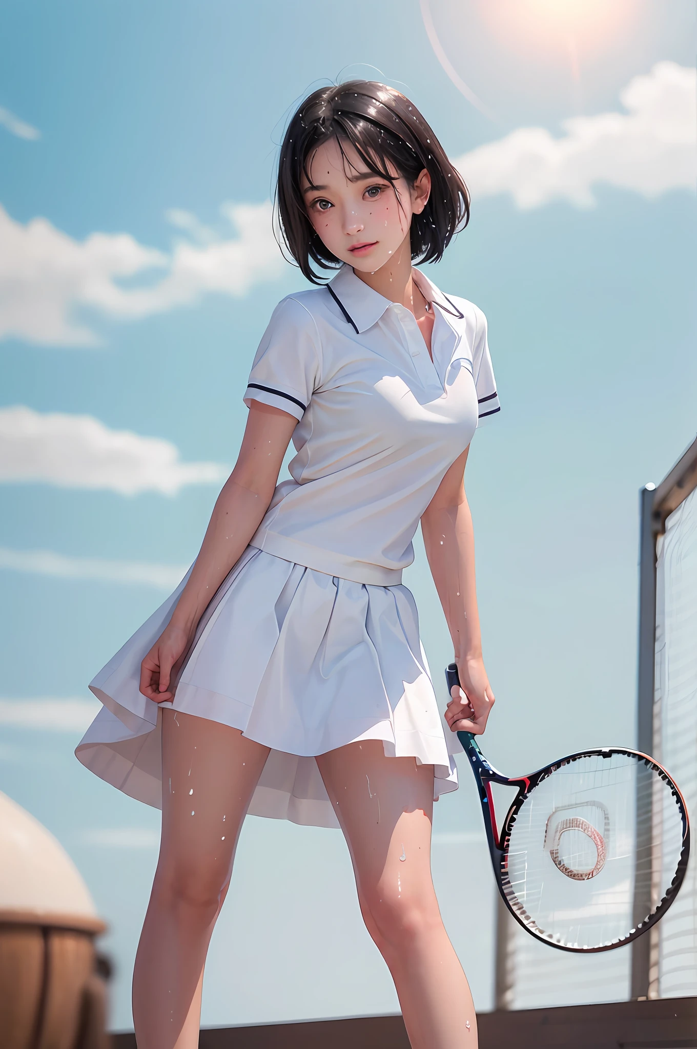 1girl, solo, white polo shirt, white sneakers, tennis wear, white miniskirt, masterpiece, best quality, realistic, hyper-detailed, (shiny skin, sweaty:1.4), absurd, looking at viewer, short black hair, brown eyes, slender, dynamic lighting, high resolution, sharp focus, depth of field, detailed eyes, sharp pupils, realistic pupils, (small breasts:1.6), (thick thighs:1.0), outdoor, sky