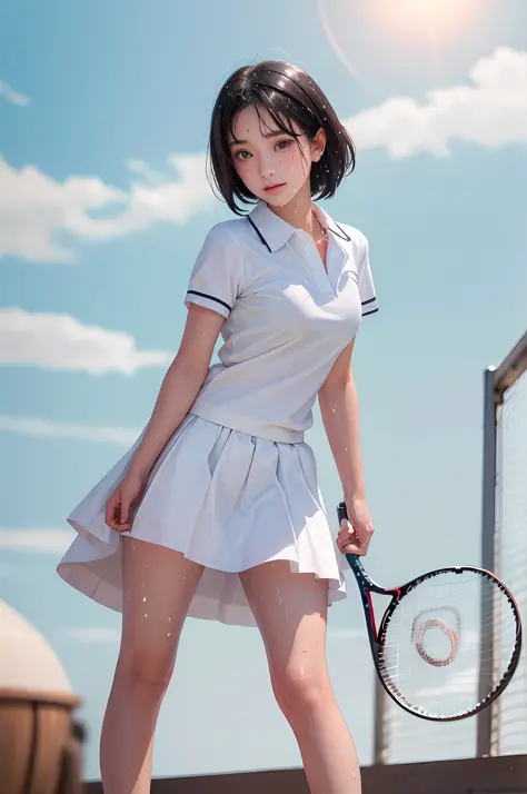 1girl, solo, white polo shirt, white sneakers, tennis wear, white miniskirt, masterpiece, best quality, realistic, hyper-detaile...