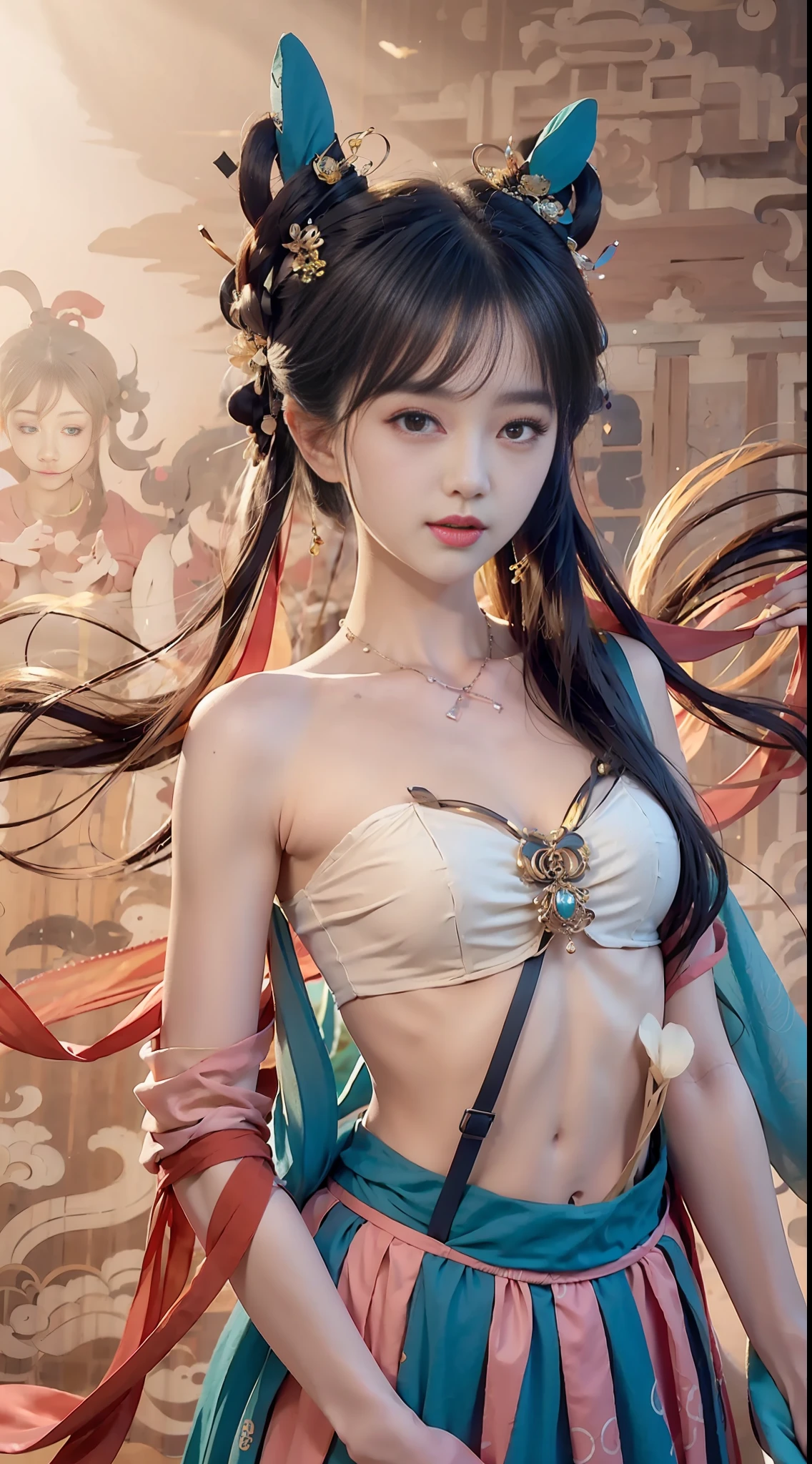 Bust photo, face close-up, face shot, a beautiful woman, messy hair, girly, symmetrical bun, hair accessories, jewelry, delicate face, (suspenders: 1.5), (high split lower skirt 1.7), (many patterns: 1.5), crop navel, open belly, Dunhuang style, a lot of streamers, delicate skin, soft light effect, delicate and smooth hair, delicate details, eye highlights, fair skin, fine portrayal, extreme details, cinematic quality, thin, slender, broken, hair details, thin bangs, shawl hair, right body, shadow, air bangs, 8K, super fine, fine fabric texture, soft, smooth, smooth texture, ((Dunhuang style)) )))), delicate patterns, correct hand painting,
