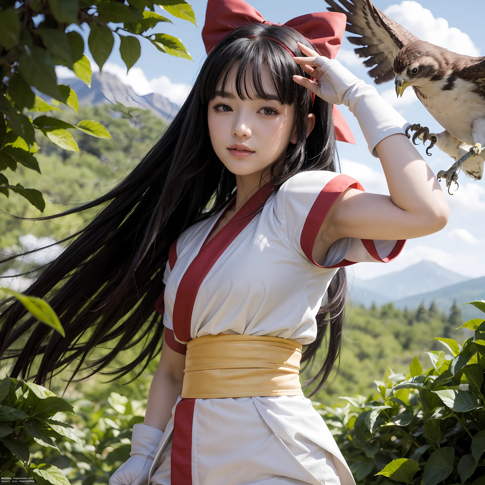 masterpiece, Best quality,1girl, red bow, bow, long hair, hair bow, Ainu clothing, Solo, Hair band, Bird, Black hair, Fingerless gloves, Short sleeves, Gloves, Sash, Pants, Bangs, Red hair band, Weapon, Chest, Brown eyes, White trousers, Japanese clothing, Nakoruru, Armpits, Light smile, Official art, Good composition, Official pose, Detailed portrait, Portrait, Bokeh, Clouds and mountain background, Samurai, Onmyoji style, high resolution, Dramatic lighting and shadows, sun flares, blurred foreground