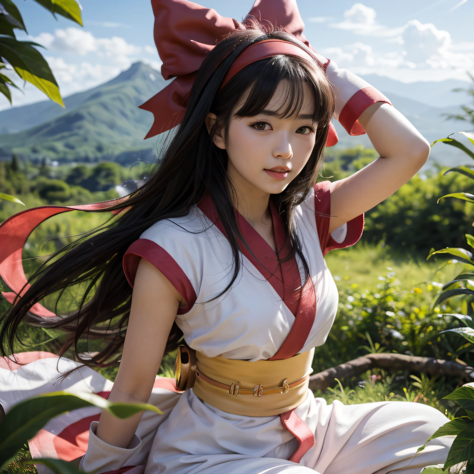 masterpiece, Best quality,1girl, red bow, bow, long hair, hair bow, Ainu clothing, Solo, Hair band, Bird, Black hair, Fingerless gloves, Short sleeves, Gloves, Sash, Pants, Bangs, Red hair band, Weapon, Chest, Brown eyes, White trousers, Japanese clothing, Nakoruru, Armpits, Light smile, Official art, Good composition, Official pose, Detailed portrait, Portrait, Bokeh, Clouds and mountain background, Samurai, Onmyoji style, high resolution, Dramatic lighting and shadows, sun flares, blurred foreground