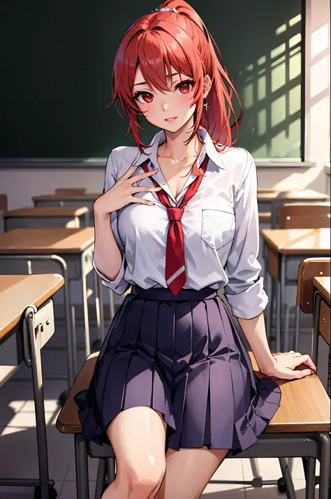 (masterpiece:1.2, best quality), 1lady, solo, school uniform, classroom, day, sit, red hair, ponytail, red eyes, open collabone,...