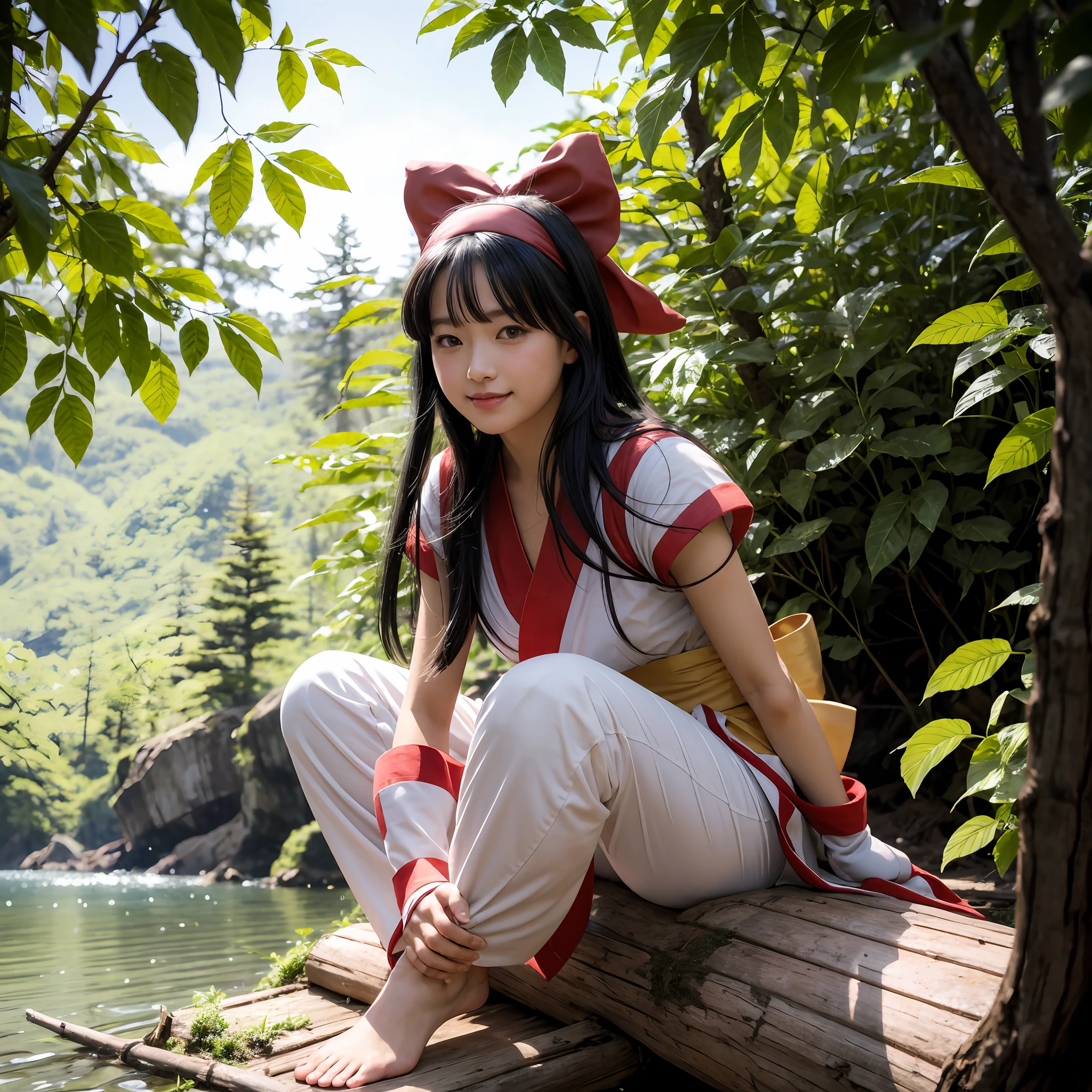 masterpiece, Best quality,1girl, sitting on a log, lake under a log, red bow, bow, long hair, hair bow, Ainu clothing, solo, hair band, bird, black hair, fingerless gloves, short sleeves, gloves, sash, pants, bangs, red hair band, weapon, chest, brown eyes, white pants, barefoot, toes, kimono, nakoruru, light smile, official art, from the front, from the bottom, (foot focus), ( Dynamic Angle), Nature Background, Samurai, Onmyoji Style, High Resolution, Dramatic Lighting and Shadows, Sun Flare, Blurred Foreground