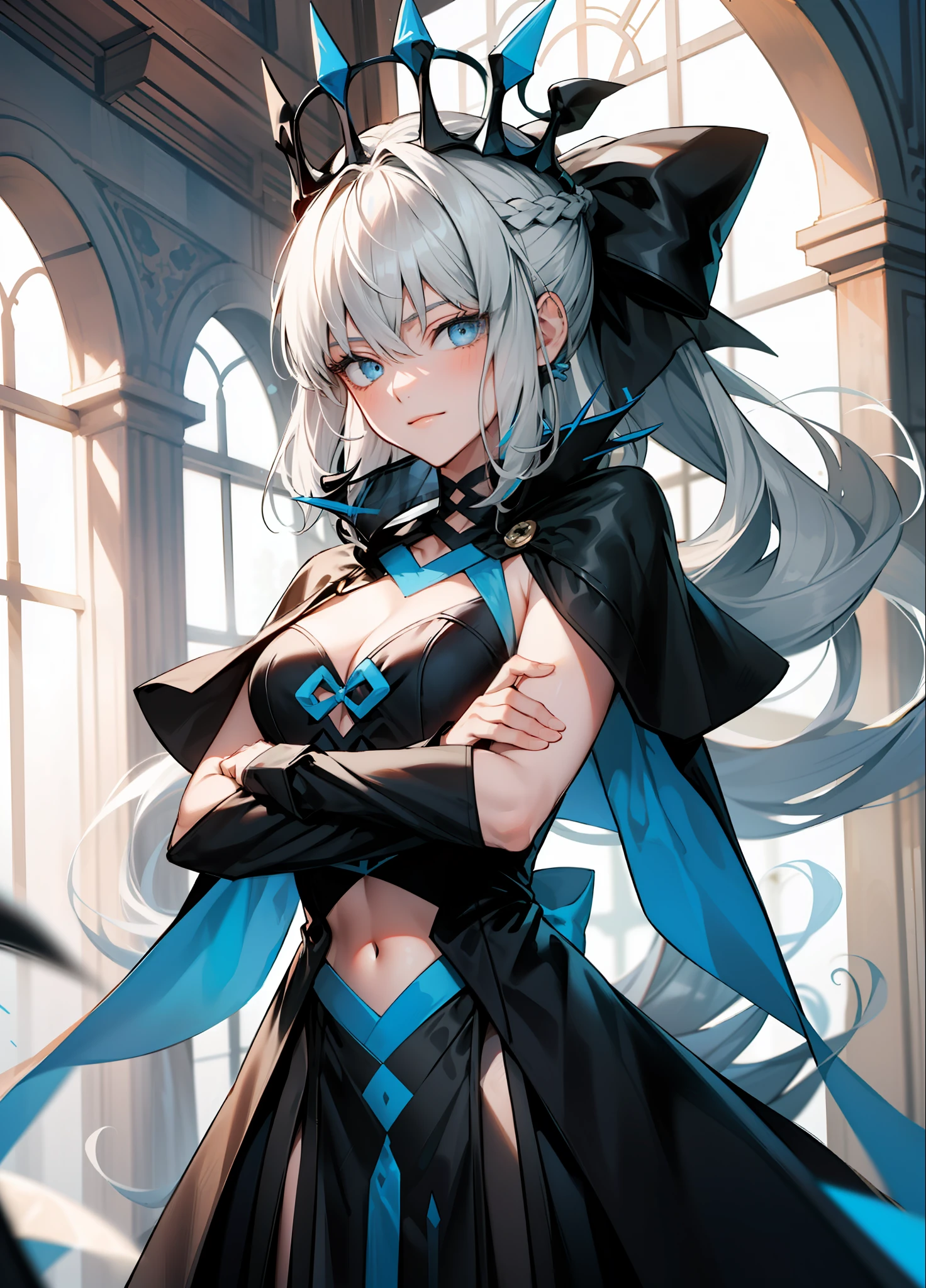 (Masterpiece, Best Quality:1.2), Cowboy shot, 独奏, a 1girl, morgan le fay, slight smile, closed mouth, looking  at viewer, crossed arms, long grey hair, braid, pony tail, Hair Bow, crown, veil, morgandef, two-tone dress, black dress, clothing cutout, stomach cutout, cleavage