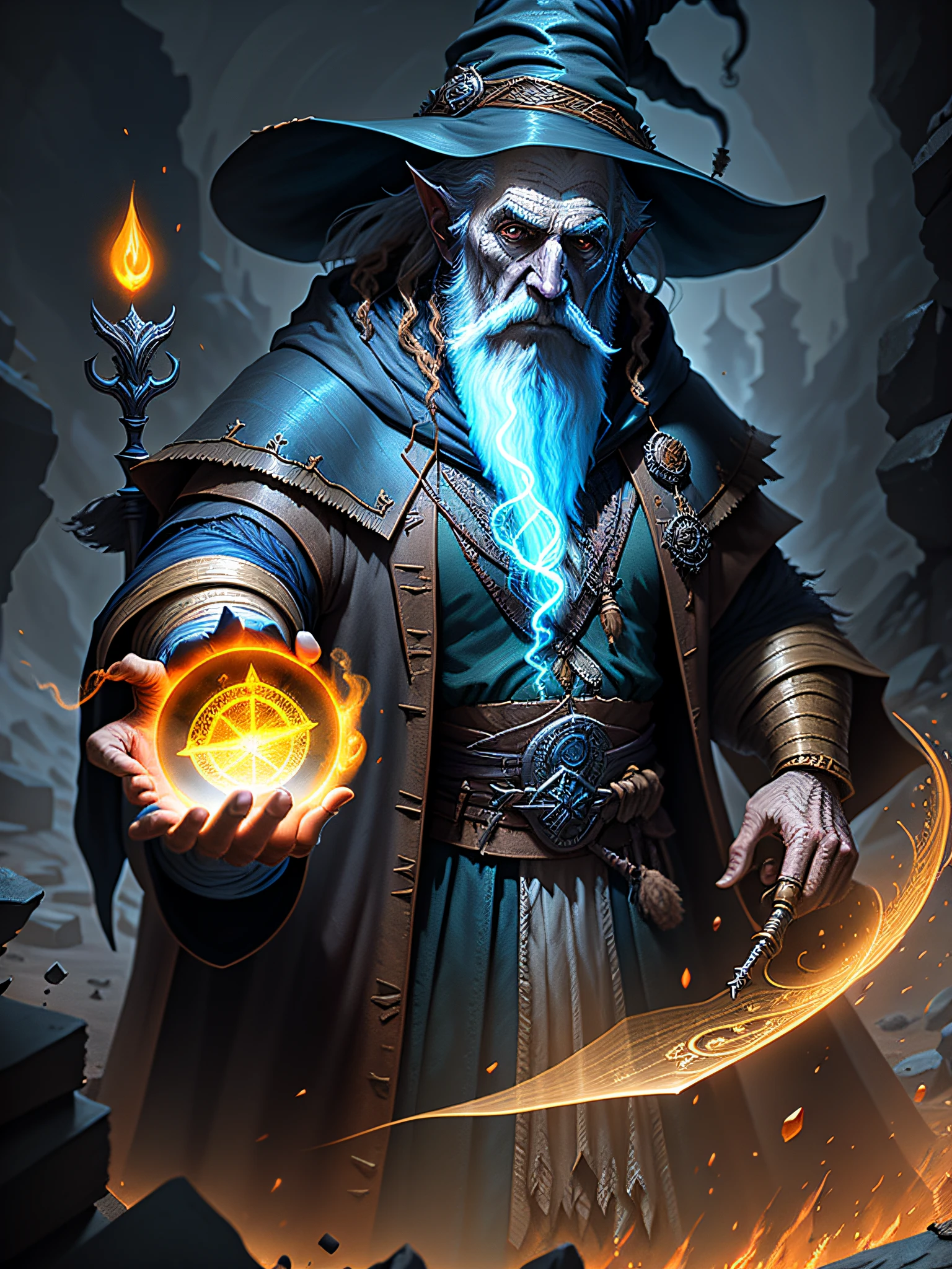 an old wizard doing spells, emphasis on its action, texturas ultra detalhadas, layers of textures faithful to reality, Professional  lighting, detalhamento realista