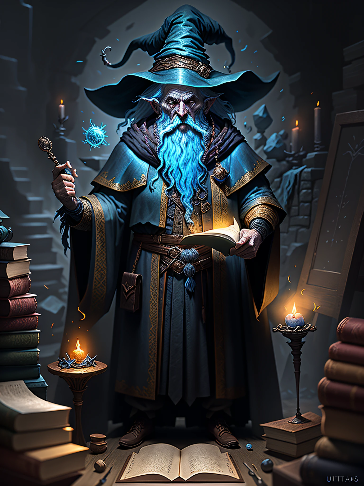 an old wizard doing spells, emphasis on its action, texturas ultra detalhadas, layers of textures faithful to reality, Professional  lighting, detalhamento realista