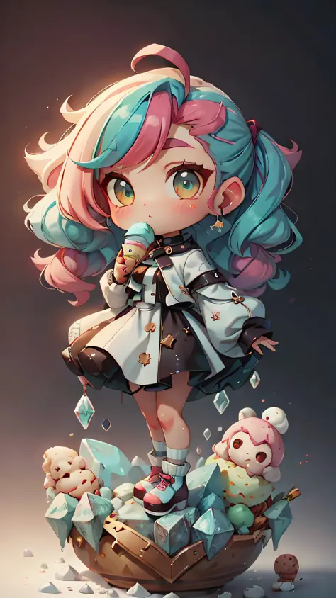 plastican00d， 1girls， Chibi T-Shi， Colored hair， Luxury fabrics， dither， Ice cream texture，Profound， looking at the spectator， Striped background