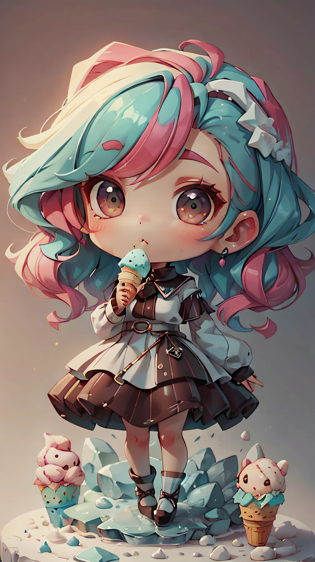 plastican00d， 1girls， Chibi T-Shi， Colored hair， Luxury fabrics， dither， Ice cream texture，Profound， looking at the spectator， Striped background