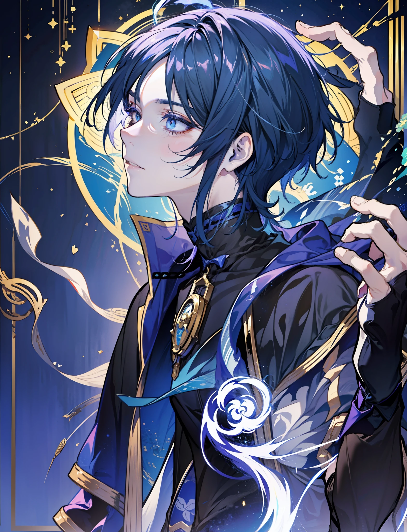 wanderer , tarot card, Lightning background, arms crossed, standing up, Genshin Impact, one  men, solo, blue hair, Good quality, gold background, Purple background, character in the middle, legs standing together,, 1boy, portrait