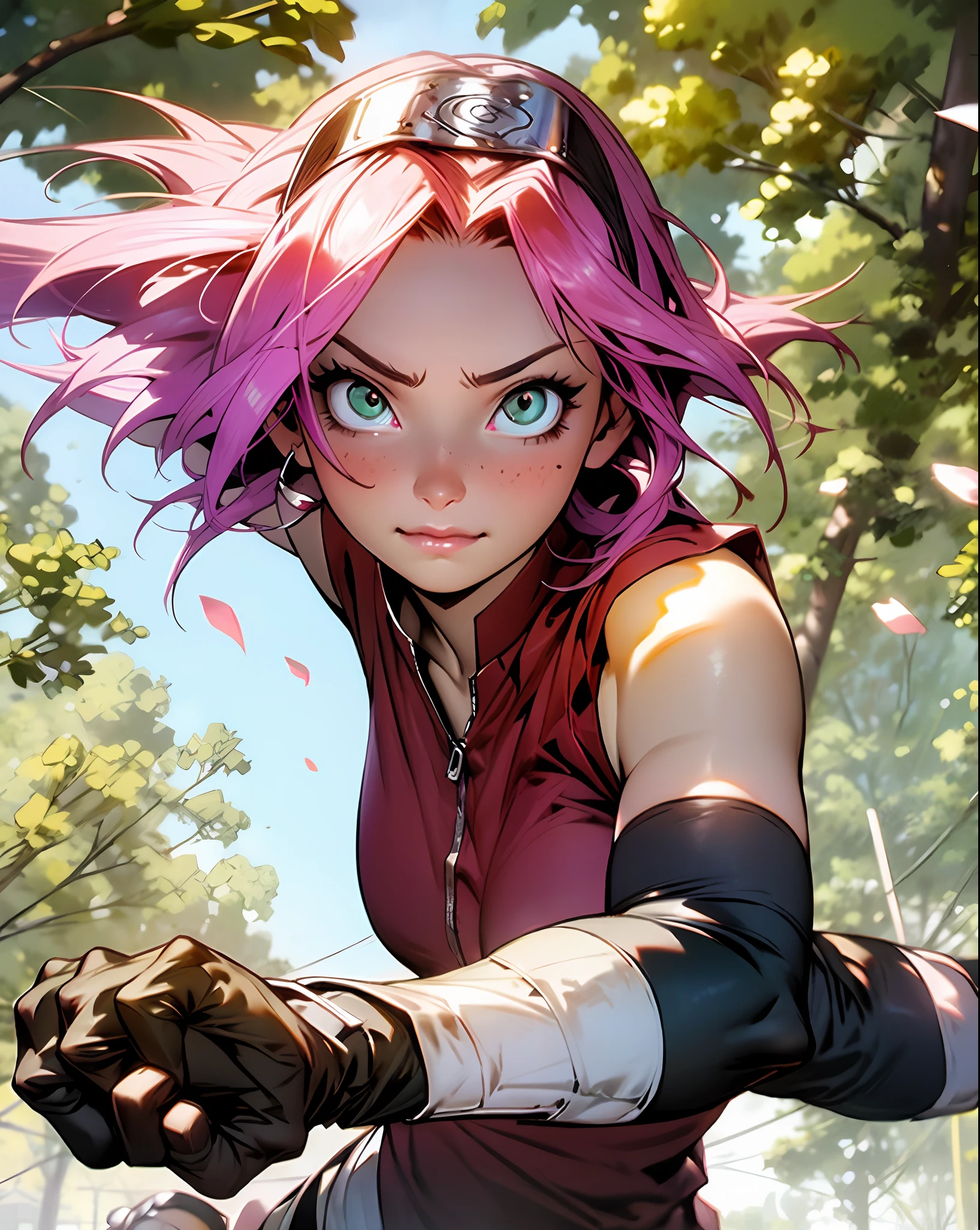 A close up of a person with pink hair and gloves（haruno sakura) - SeaArt AI