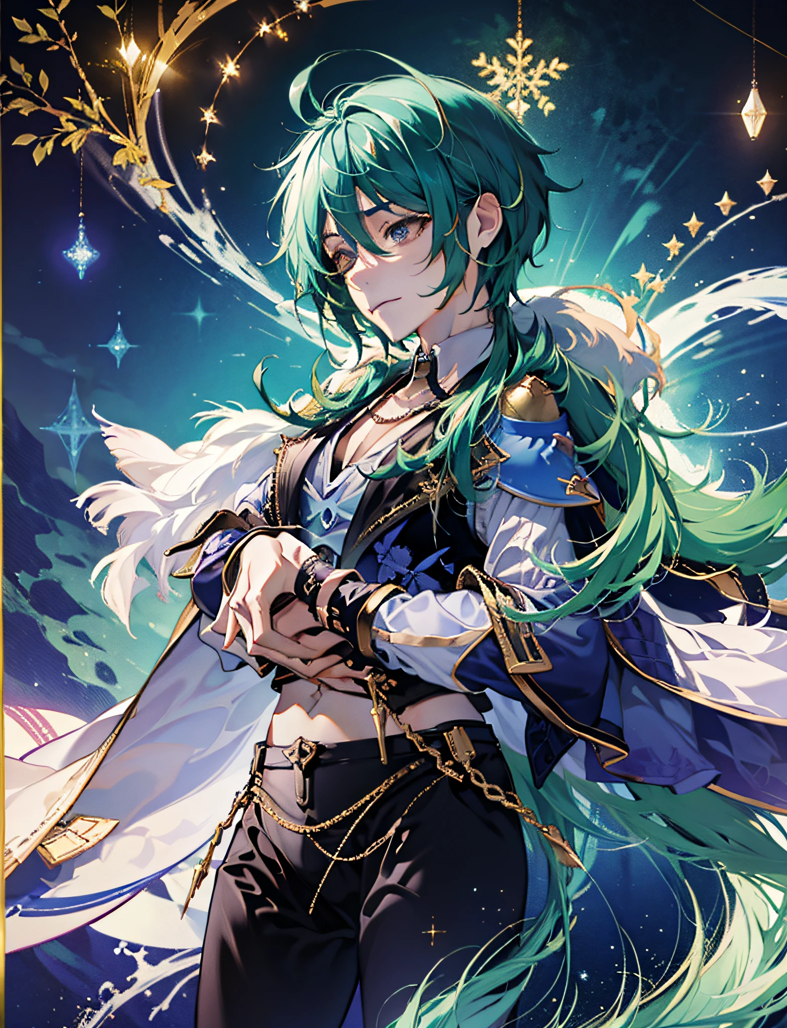 kaeya , tarot card, Peacock tailin background, hands in praying pose, standing up, Full-length, Genshin Impact, one  men, solo, blue hair, eyes closed, calm face, Good quality, Best Quality, gold background, blue background, character in the middle, black leggins, legs standing together, 1boy, tanned skin