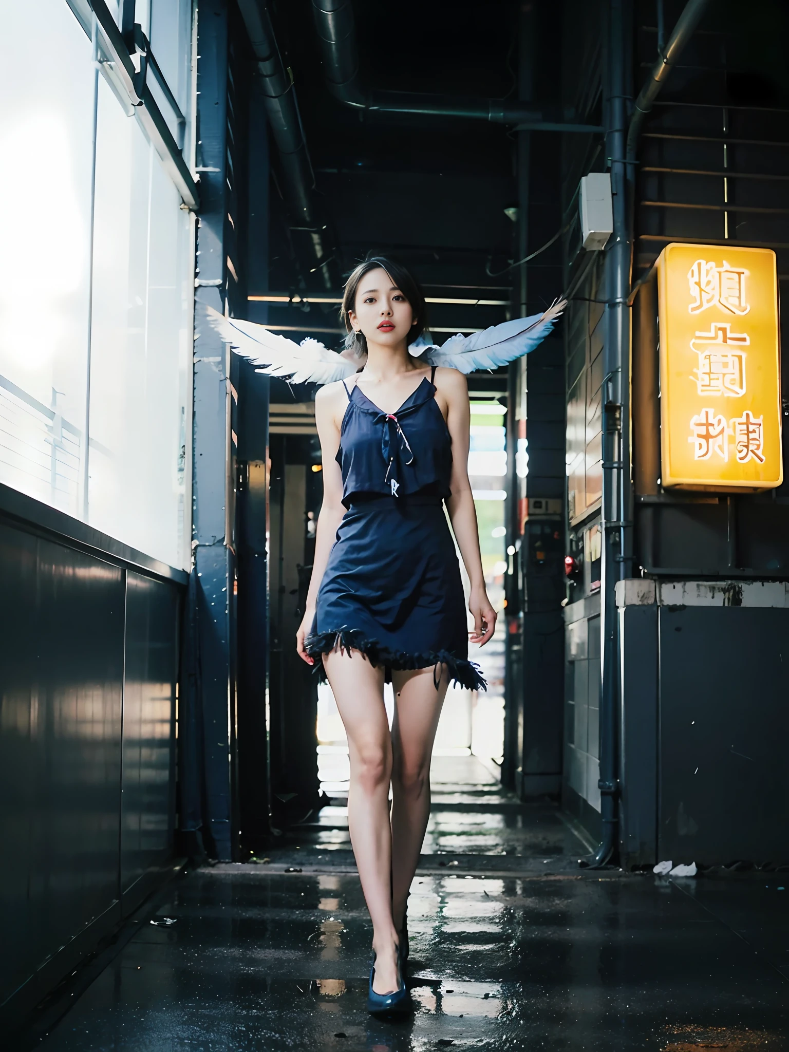 masterpiece, raw photo, film photo, 90s flash photo, camera shake, 1girl, walk, empty street, (girl through glass, illuminated by neon light outside:1), (shiny very short hair:1), (asymmetrical hair:1), forehead, Long Legs, slit skirt, (blue bird's feathers dress:1.3)