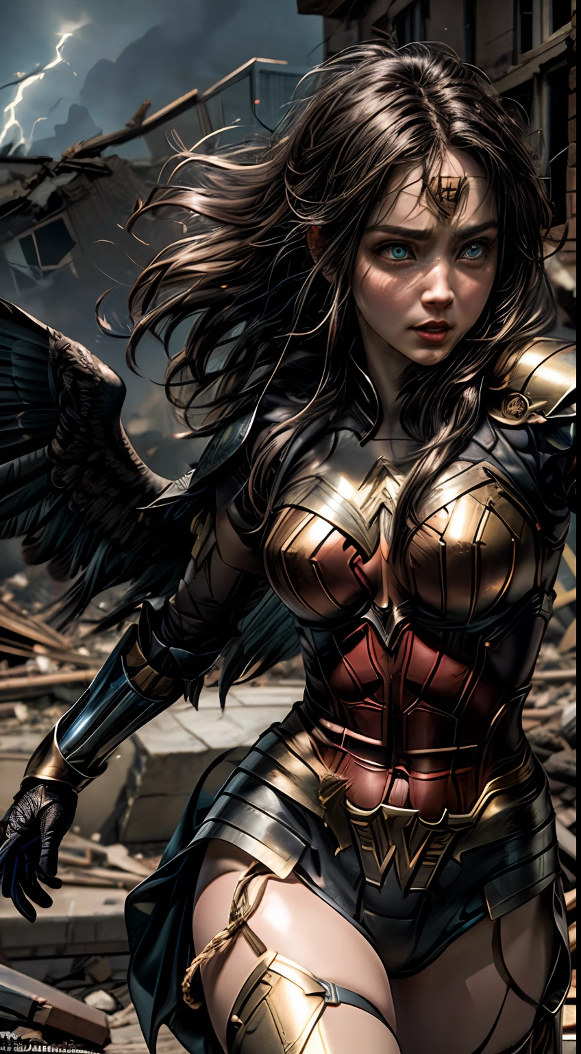 (obra maestra, arte oficial, Alta resolución:1.4), Ana de Armas se transformó en el personaje de Wonder Woman, enfrascado en una batalla épica, (armadura dorada:1.3), (Cabello de cuervo que fluye:1.3), (ojos azules penetrantes:1.4), determinación feroz en su rostro, (expresión determinada:1.3), En medio del caos y la destrucción, (explosiones:1.2), (Edificios en ruinas:1.2), (escombros voladores:1.2), pero en medio de todo, logra mirar a la cámara con una sonrisa amigable, (cálida y accesible:1.3), enfatizando sus rasgos angélicos, (labios suaves y rosados:1.2), (radiant complexion:1.1), (movimientos elegantes:1.2), pose dinámica, (lazo dorado:1.1), poderosa energía que emana de ella, contrastando con la intensa acción a su alrededor, (iluminación dramática:1.2), (atronador), cinematográfico, hiperdetallado, Detalles locos, bellamente coloreado, Motor irreal, grados de libertad, Súper resolución, megapíxel, cinematográfico Lightning, Antialiasing, FKA, TXAA, RTX, SSAO, Postprocesamiento, Post-producción, Mapeo de tonos, CGI, efectos visuales, efectos de sonido, increíblemente detallado e intrincado, Hiper maximalista, Híper realista, volumétrico, Fotorrealista, ultra photoreal, ultra detallado, detalles intrincados, 8K, Súper detallado, a todo color, volumétrico lightning, hdr, Realista, Motor irreal, 16k, enfoque nítido, renderizado de octanaje --v testp