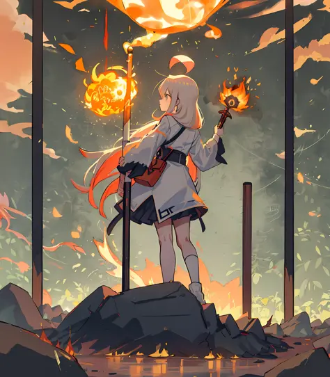 1girl, bangs, breathing fire, burning, burnt clothes, embers, ahoge, beige hair, multicolored hair, fire, flame, flaming sword, ...