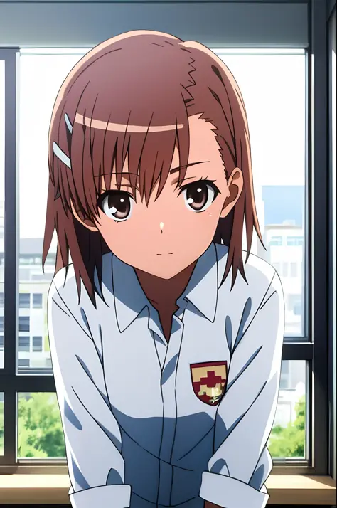 masterpiece, best quality, misaka_mikoto, brown eyes, short_hair, small_breast, looking at viewer, solo, closed_mouth, collared_...