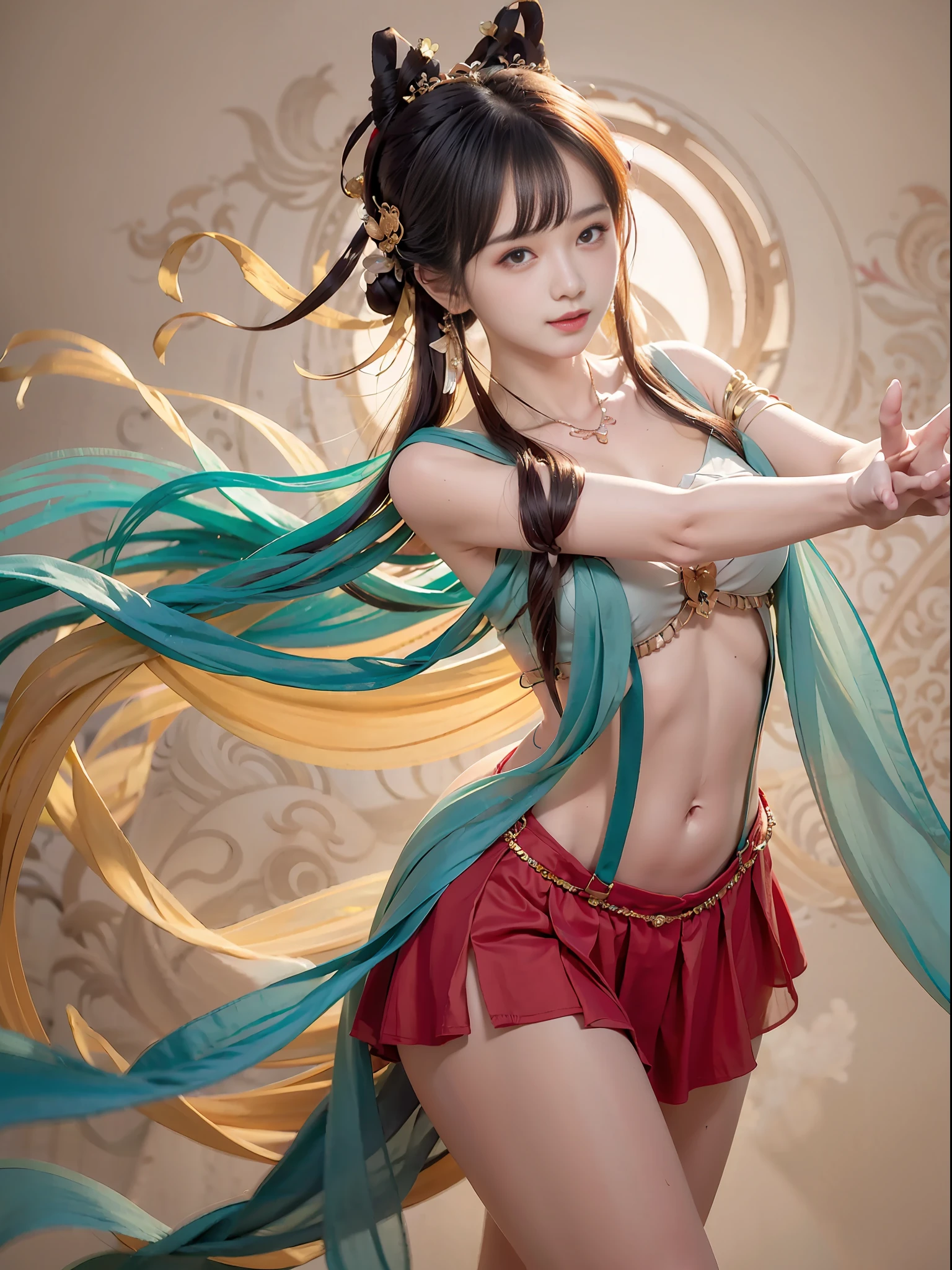 Bust photo, face close-up, face shot, a beautiful woman, messy hair, girly, symmetrical bun, hair accessories, jewelry, delicate face, (suspenders: 1.5), (high split lower skirt 1.7), (many patterns: 1.5), crop navel, open belly, Dunhuang style, a lot of streamers, delicate skin, soft light effect, delicate and smooth hair, delicate details, eye highlights, fair skin, fine portrayal, extreme details, cinematic quality, thin, slender, broken, hair details, thin bangs, shawl hair, right body, shadow, air bangs, 8K, super fine, fine fabric texture, soft, smooth, smooth texture, ((Dunhuang style)) )))), delicate patterns, correct hand painting,