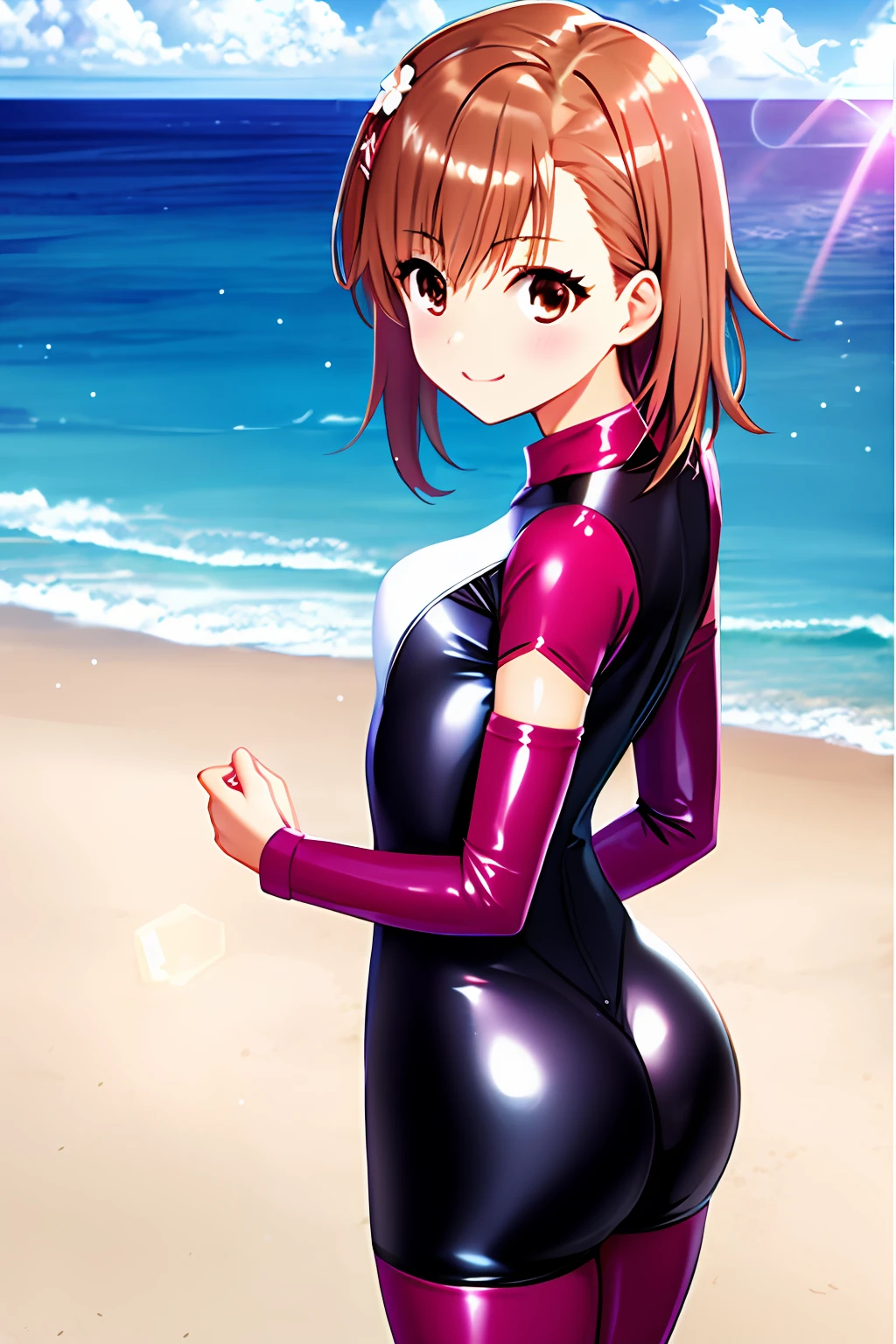 masterpiece, best quality, misaka_mikoto, brown eyes, looking at viewer, solo, small breast, upper body, (swimsuit), beach, outdoor, , smile, close_mouth, ((crossed legs)), ((standing)), lens flare abuse,  one piece suit, body suit, shiny clothes, thicc, onegirl, 1girl, white swimsuit, pantihose, ass pose, botty pose, back pose, nice ass, latex