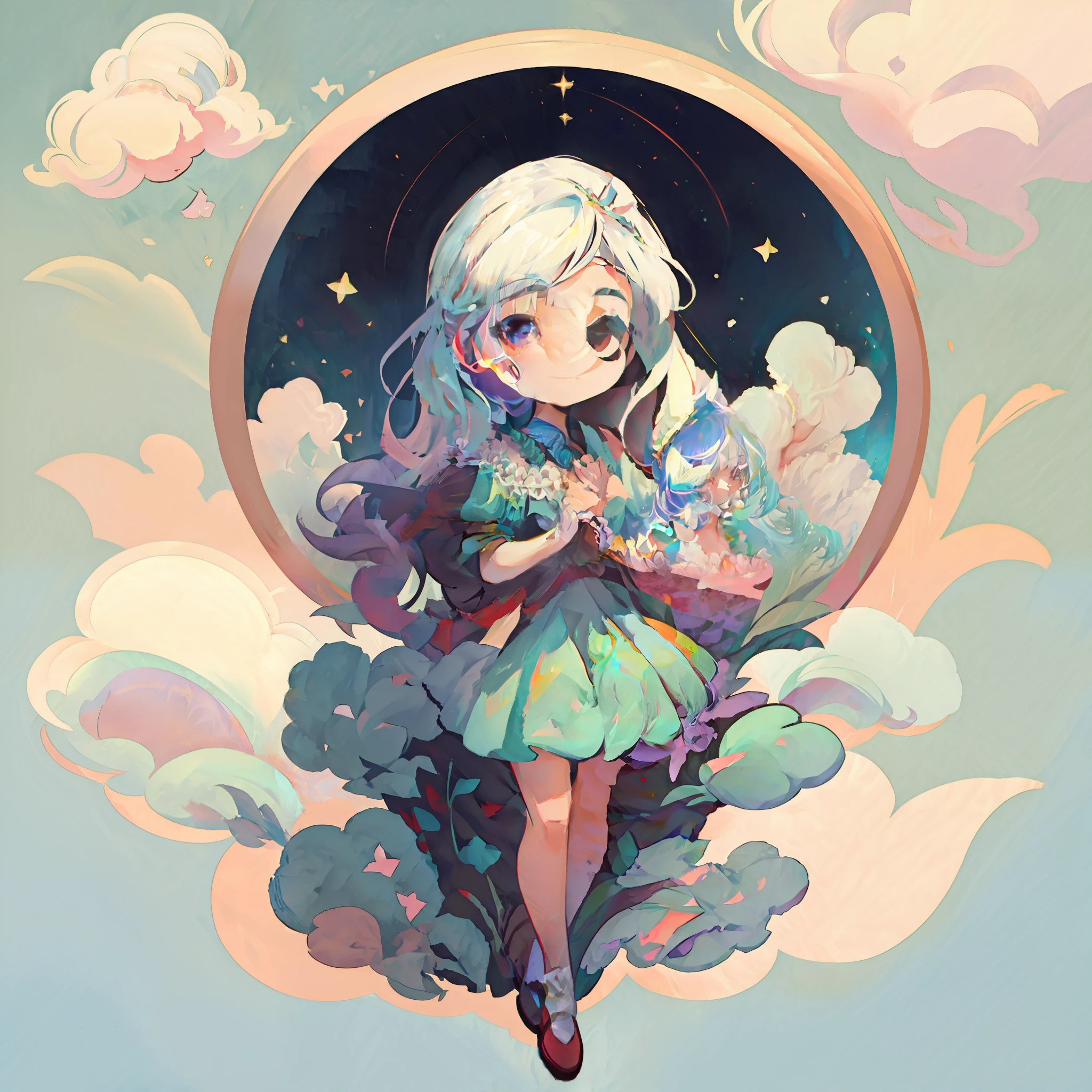 Anime girl with long white hair and blue dress holding a cat, Beautiful art style, cute detailed digital art, Loish art style, Amy Sol style, Goddess of the clouds, blonde girl in a cosmic dress, Loish Van Baarle, anime style illustration, anime fantasy illustration, a beautiful artwork illustration, girls clouds, anime girl with cosmic hair, dreamy illustration