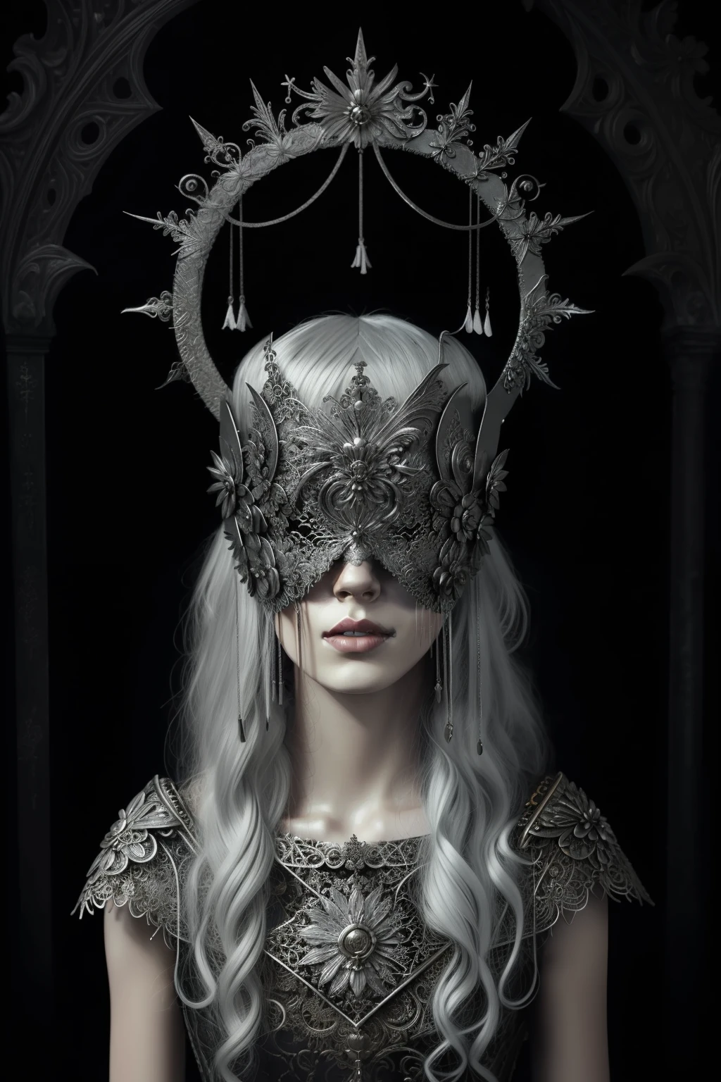 portrait a woman wearing a silver halo blind mask, white hair, gothic dress, lace trim, tone mapped, detailed, highly detailed, digital painting, artstation, concept art, smooth, sharp focus, beautiful illustration, photo, backlit, dynamic lighting, fog, intricate, film grain, professional, taken by a canon eos r5, facing the viewer,