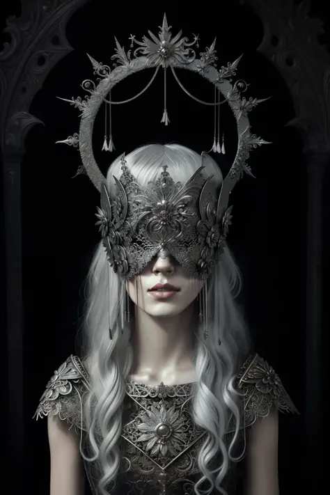 portrait a woman wearing a silver halo blind mask, white hair, gothic dress, lace trim, tone mapped, detailed, highly detailed, ...