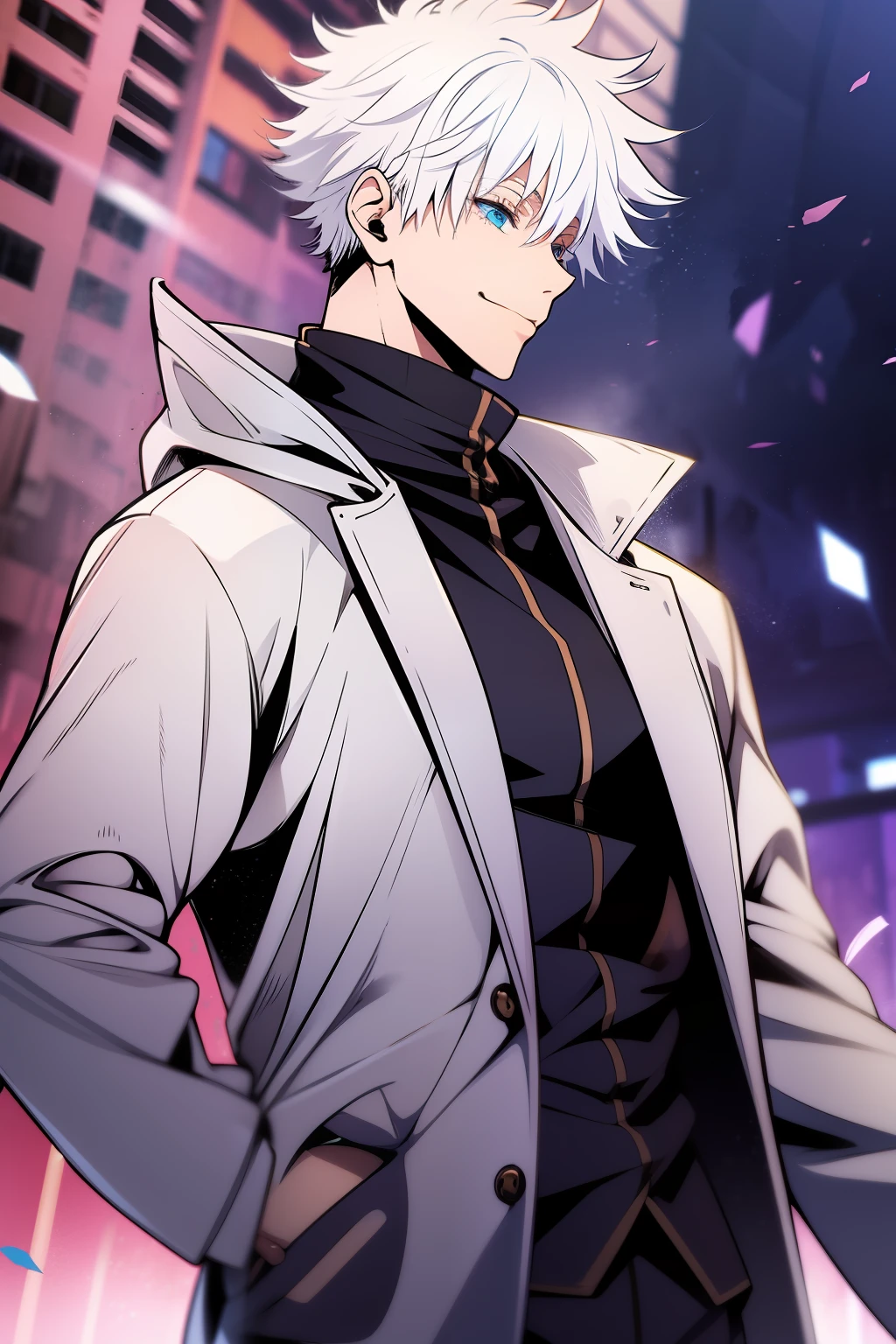 Messy white hair, aquamarine eyes, white eyelashes, jujutsu kaisen, Gojo Gojo, black costume, jujutsu kaisen,